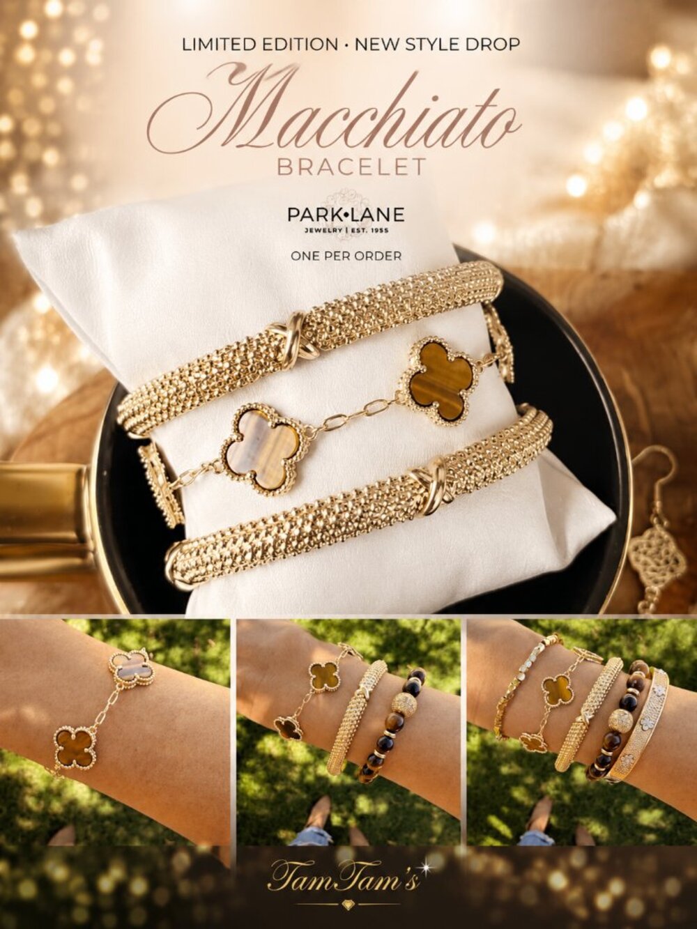 Park Lane Machiato Clover Tiger Eye Designer Bracelet
